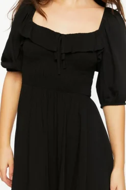 Smocked Puff-Sleeve Midi Dress