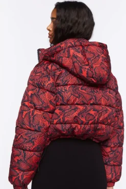 Snake Print Hooded Puffer Jacket