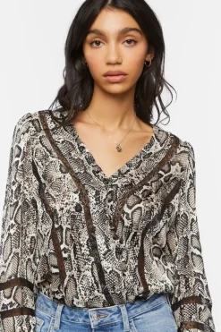 Snakeskin Peasant-Sleeve Bodysuit