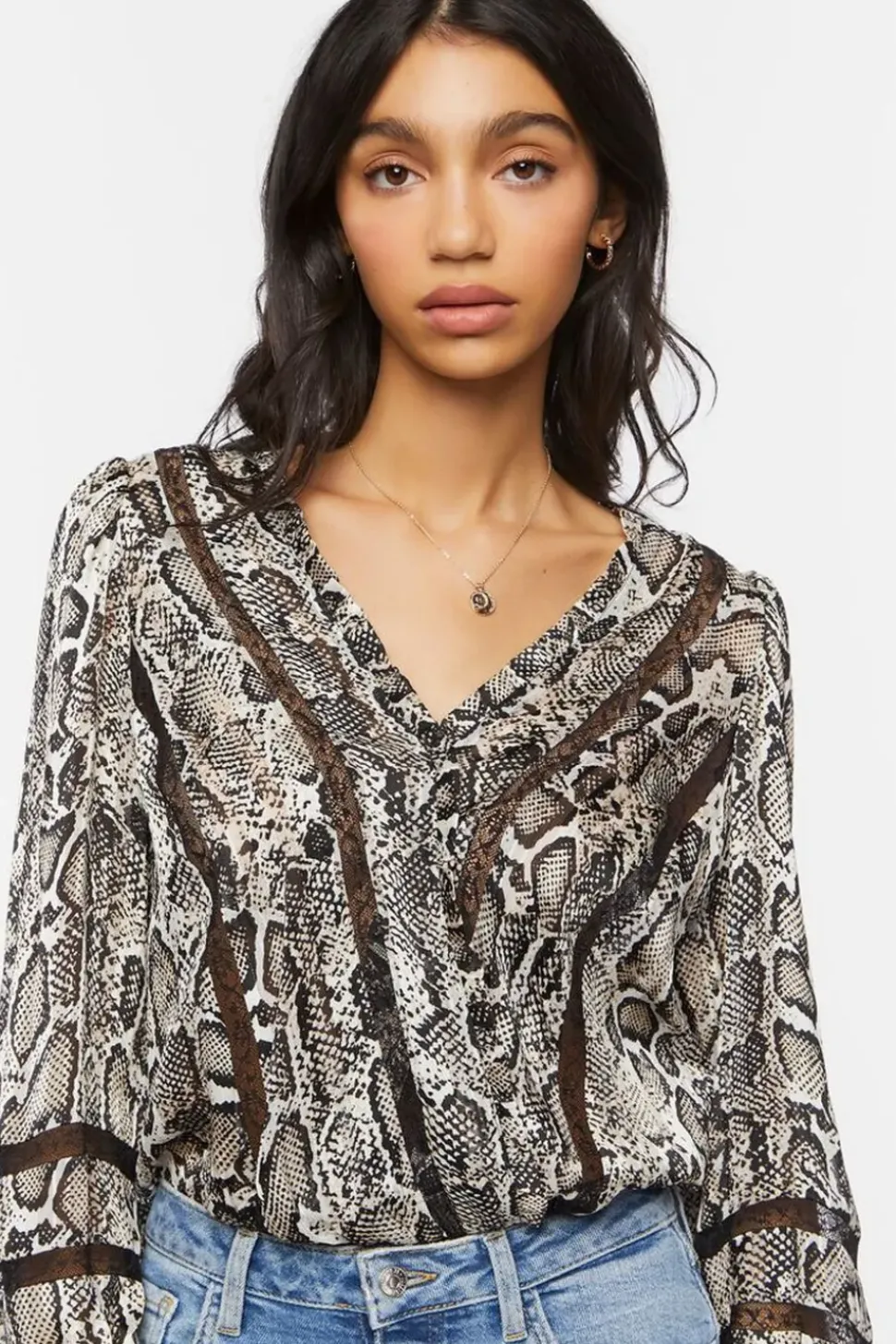 Snakeskin Peasant-Sleeve Bodysuit