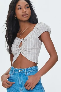 Striped Linen-Blend Cutout Crop Top