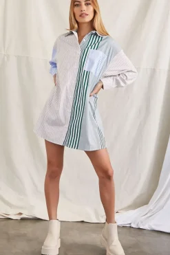 Striped Patternblock Shirt Dress
