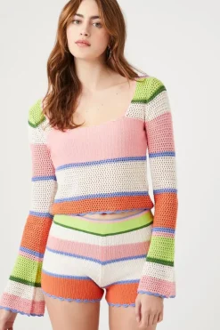 Striped Sweater-Knit Crochet Shorts