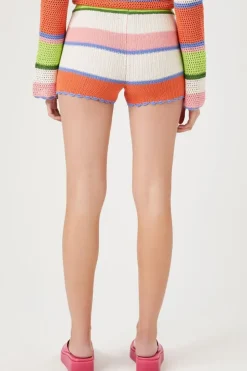 Striped Sweater-Knit Crochet Shorts