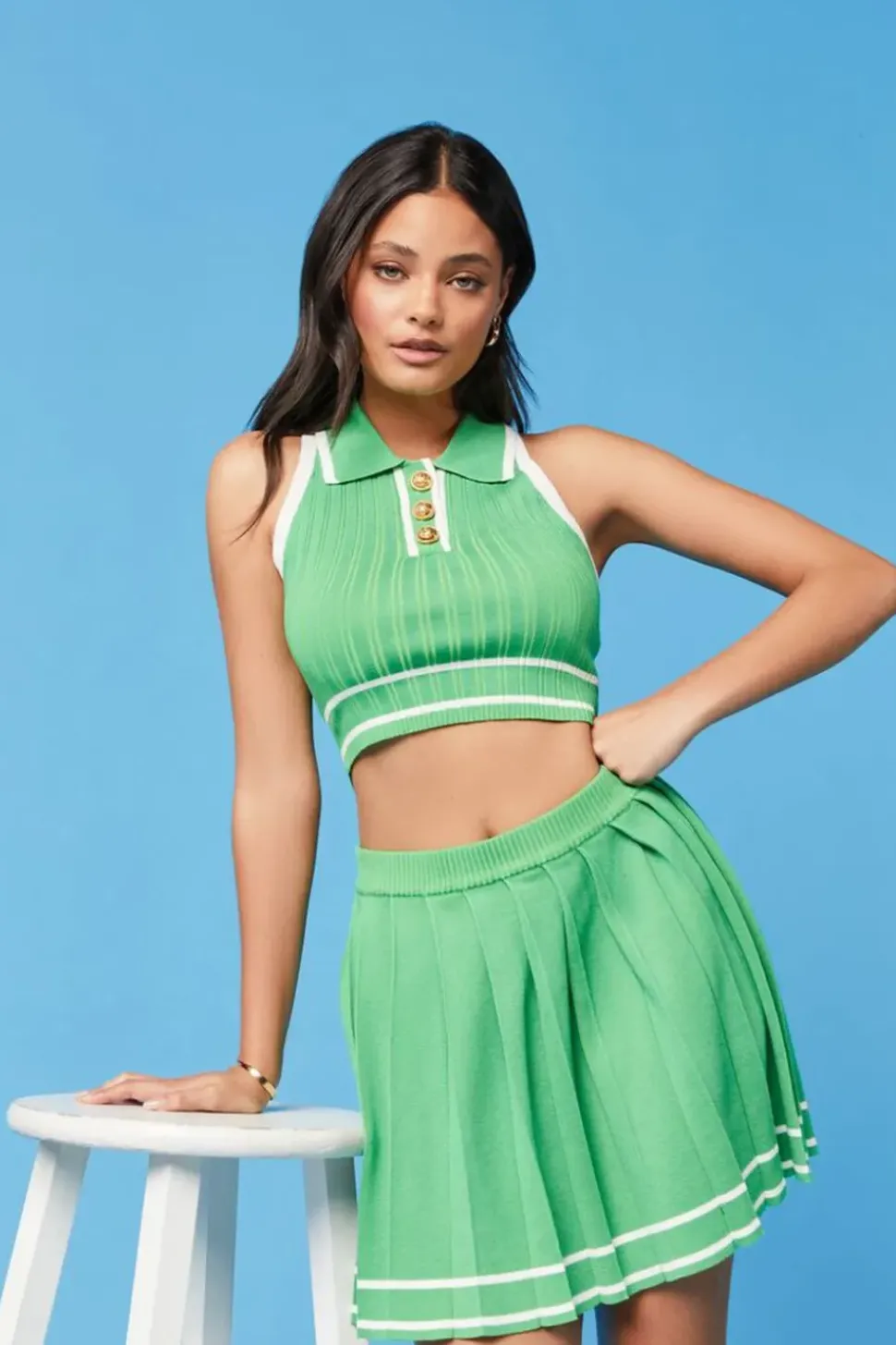 Striped-Trim Crop Top & Tennis Skirt Set