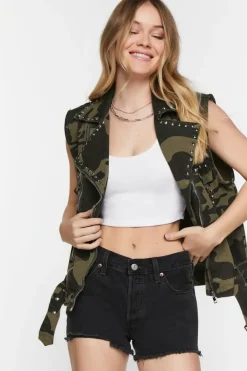 Studded Camo Denim Moto Vest