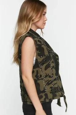 Studded Camo Denim Moto Vest