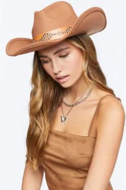 Studded Faux Leather-Trim Cowboy Hat