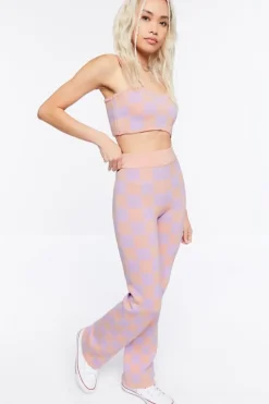 Sweater-Knit Checkered Crop Top & Pants Set