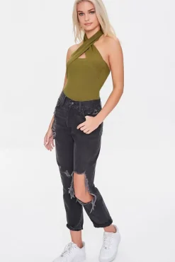 Sweater-Knit Crisscross Halter Bodysuit