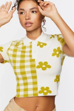 Sweater-Knit Floral Cropped Shirt