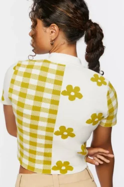 Sweater-Knit Floral Cropped Shirt