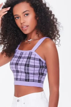 Sweater-Knit Plaid Cropped Cami