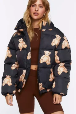 Teddy Bear Print Puffer Jacket
