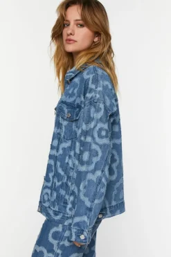 Textured Floral Print Trucker Jacket