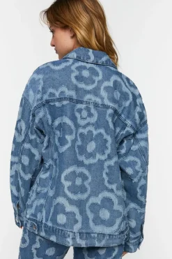 Textured Floral Print Trucker Jacket