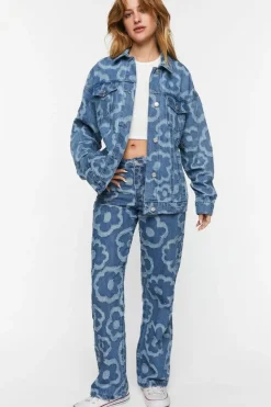 Textured Floral Print Trucker Jacket