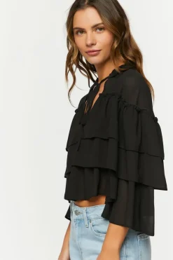 Tiered Flounce Tie-Neck Chiffon Top