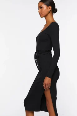 Tie-Waist Slit Midi Dress