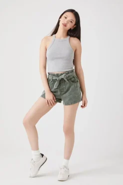 Tie-Waist Twill Paperbag Shorts
