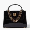Tiger-Embellished Faux Patent Leather Satchel