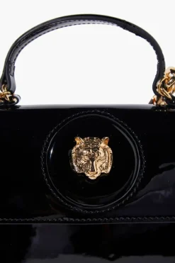 Tiger-Embellished Faux Patent Leather Satchel