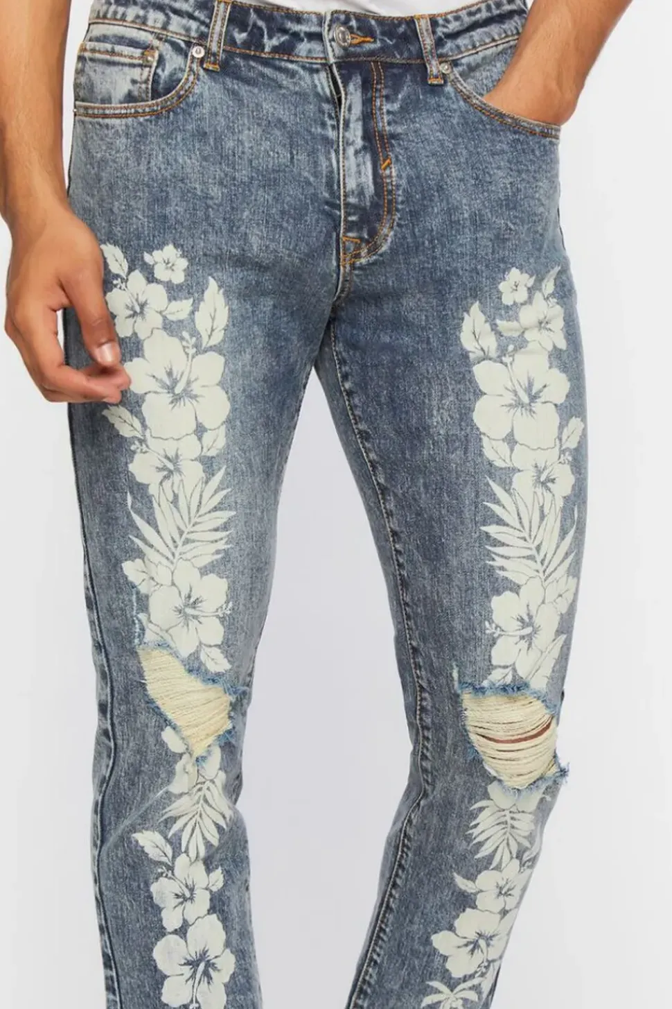 Tropical Floral Distressed Slim-Fit Jeans