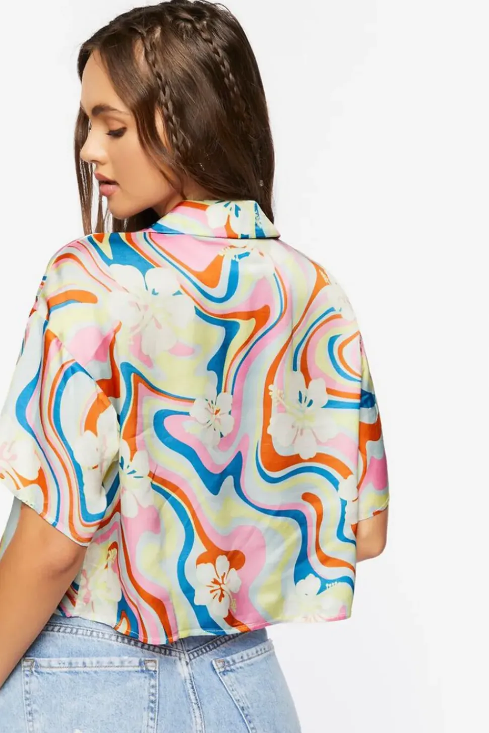 Tropical Floral Print Cropped Shirt