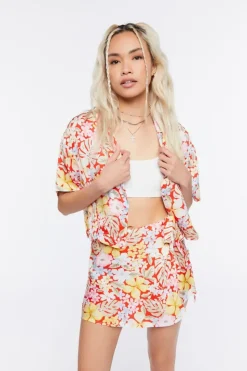 Tropical Floral Print Wrap Mini Skirt
