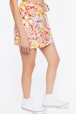 Tropical Floral Print Wrap Mini Skirt