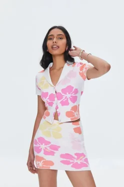 Tropical Floral Short-Sleeve Cardigan Sweater