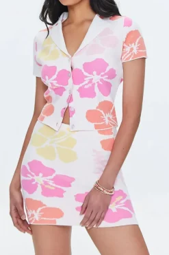 Tropical Floral Short-Sleeve Cardigan Sweater