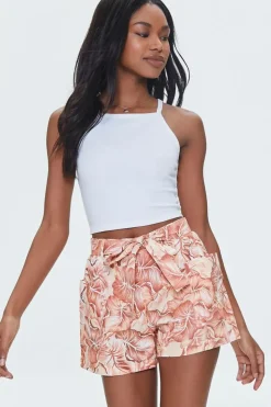 Tropical Leaf Print Belted Shorts