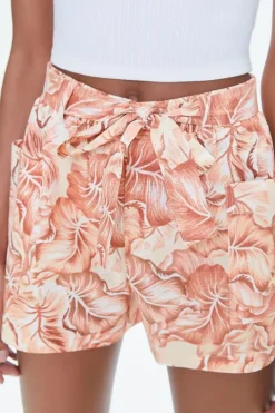 Tropical Leaf Print Belted Shorts