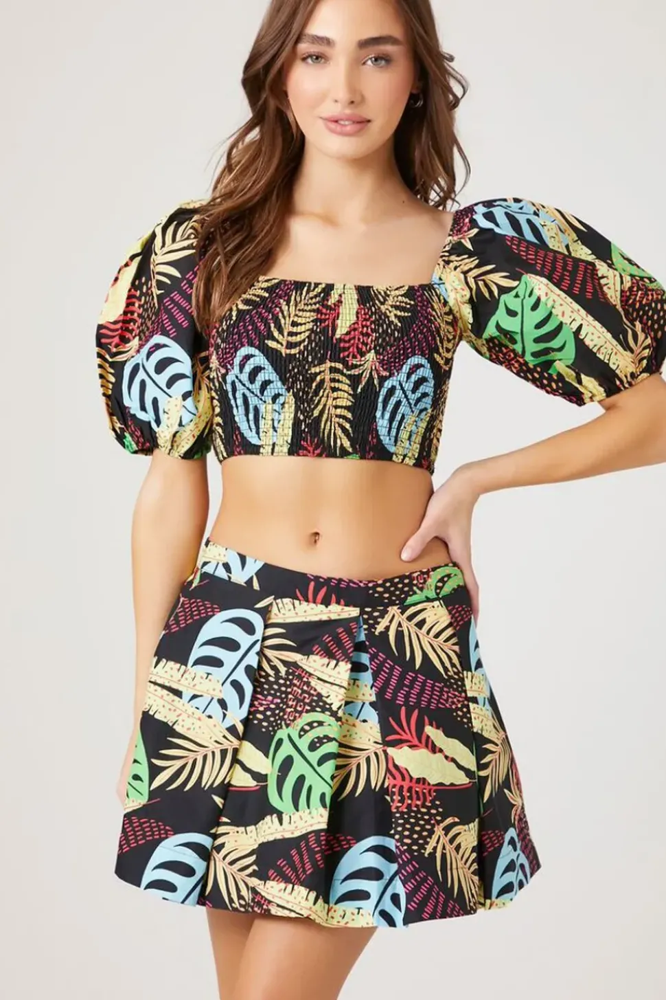Tropical Leaf Print Mini Skirt