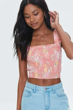 Tropical Leaf Smocked Crop Top