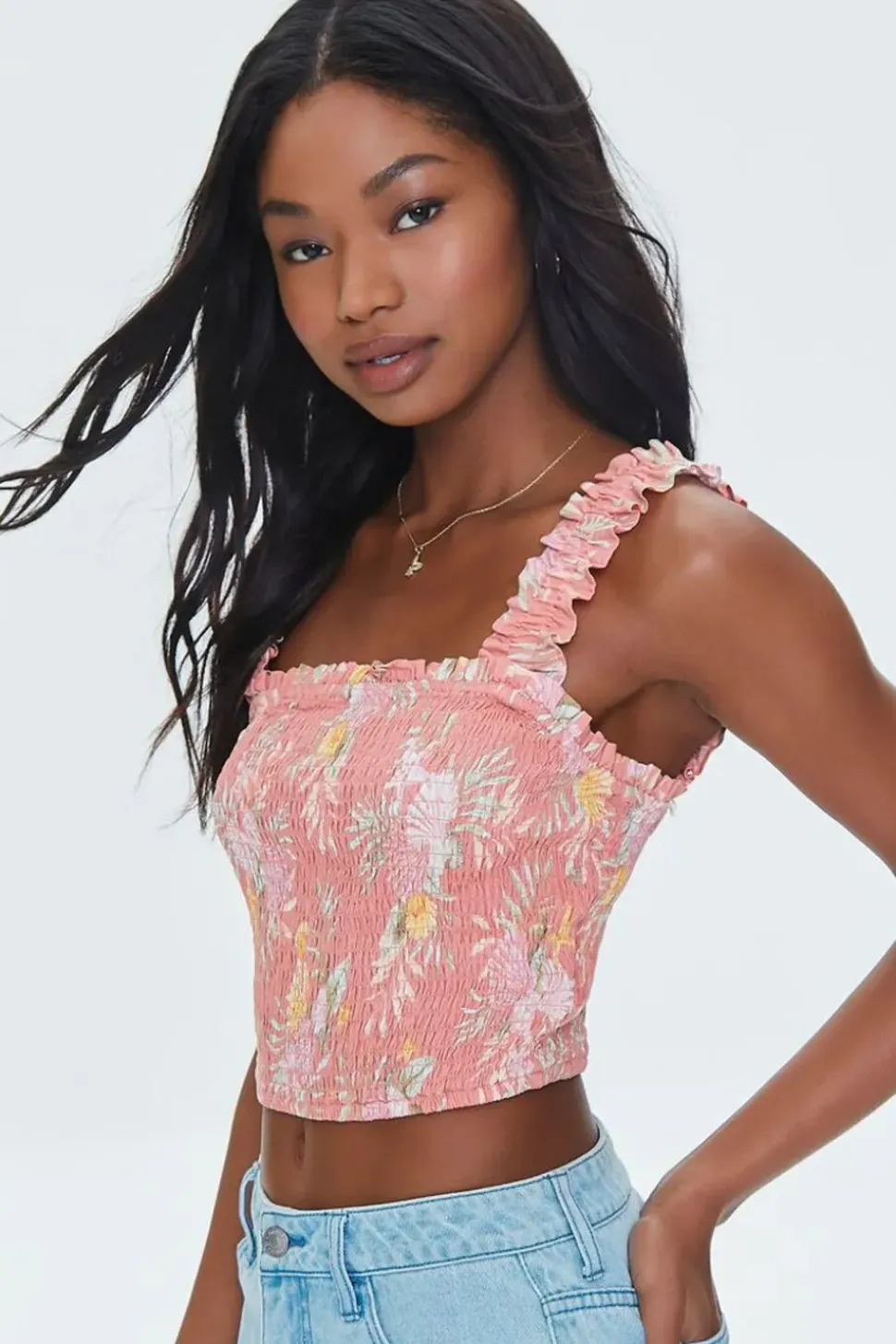 Tropical Leaf Smocked Crop Top