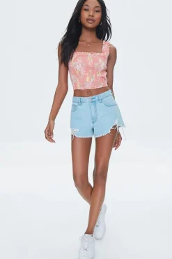 Tropical Leaf Smocked Crop Top