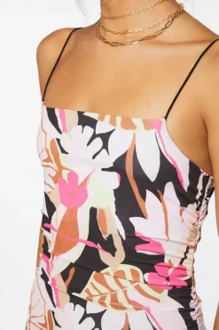 Tropical Print Ruched Midi Dress