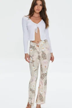 Tropical Print Self-Tie Flare Pants