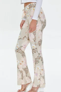 Tropical Print Self-Tie Flare Pants