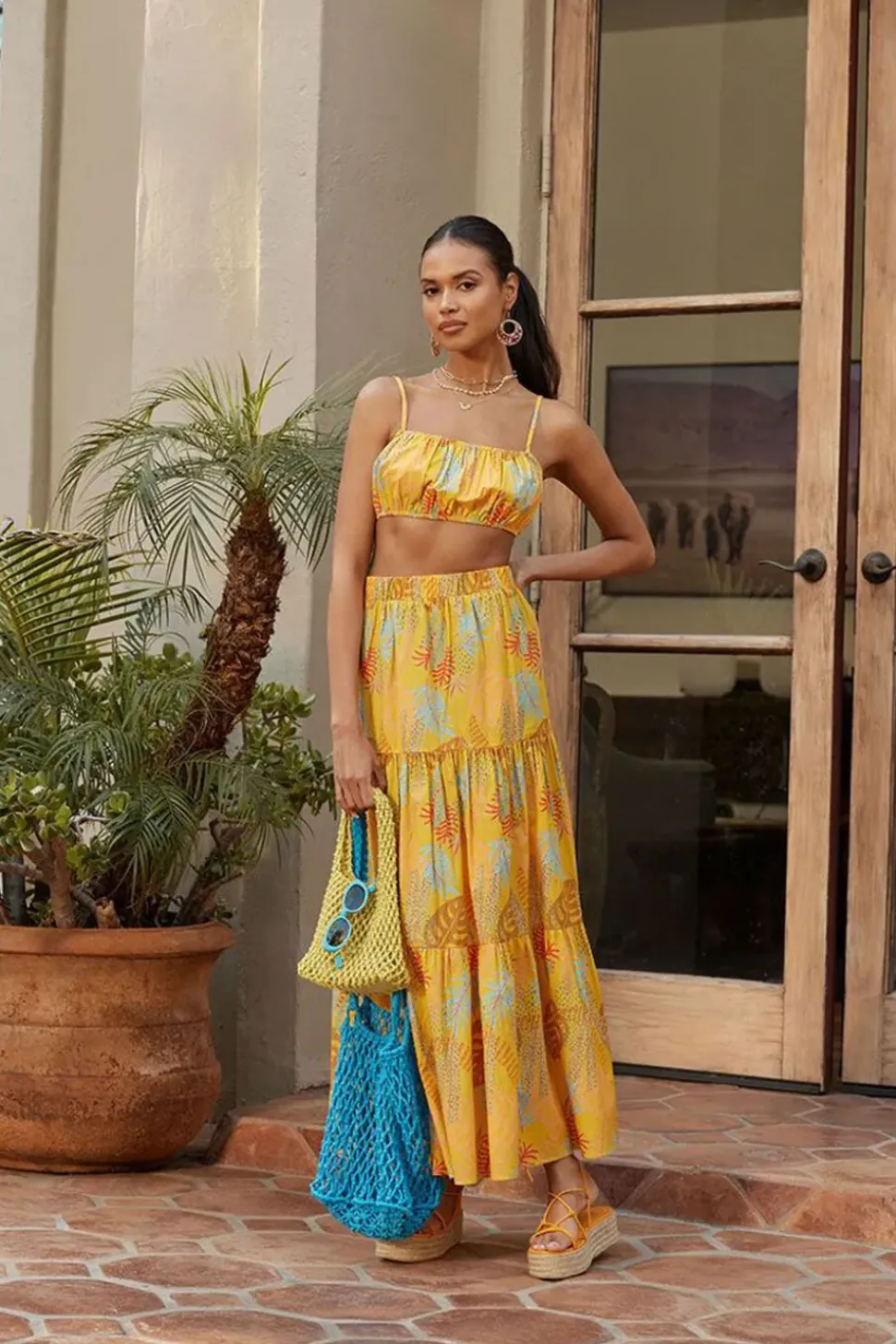 Tropical Print Tiered Maxi Skirt