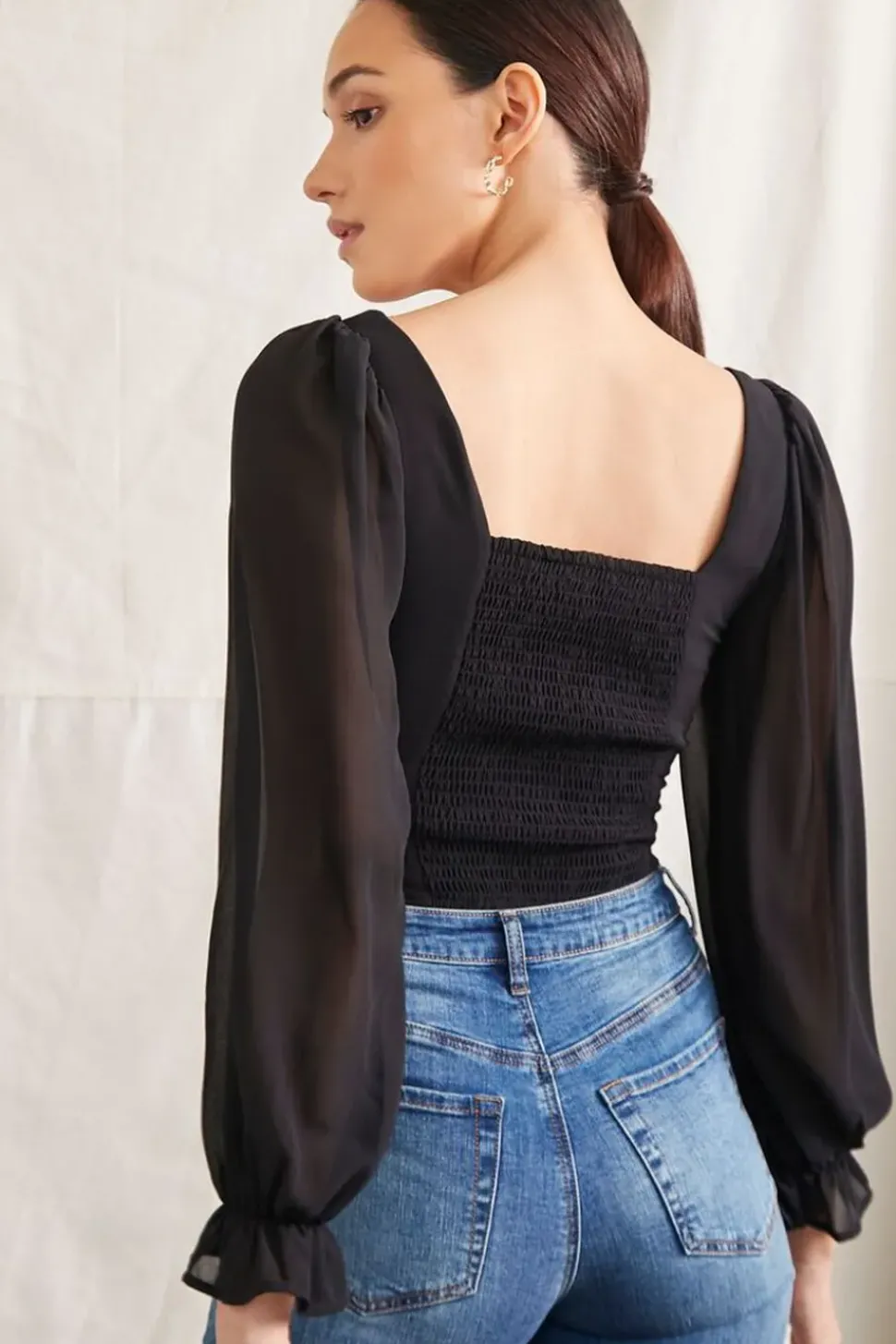 Trumpet-Sleeve Smocked Top