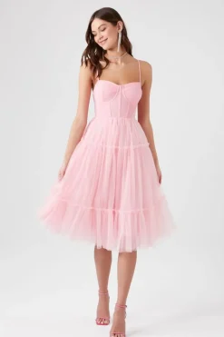 Tulle Ruffled Bustier Midi Dress