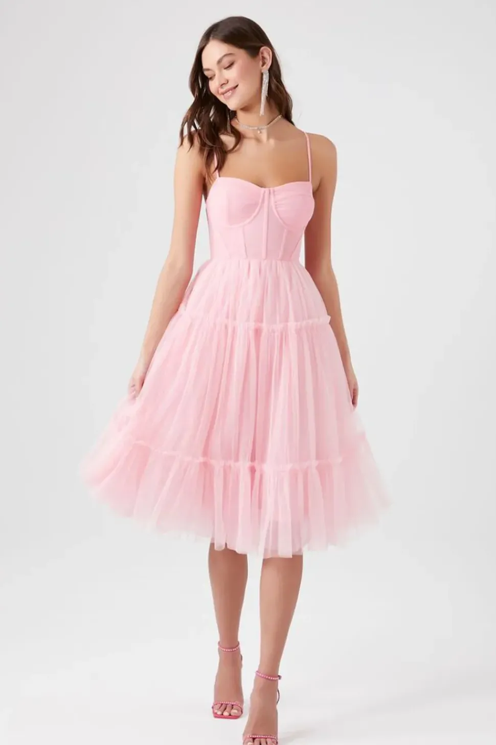Tulle Ruffled Bustier Midi Dress