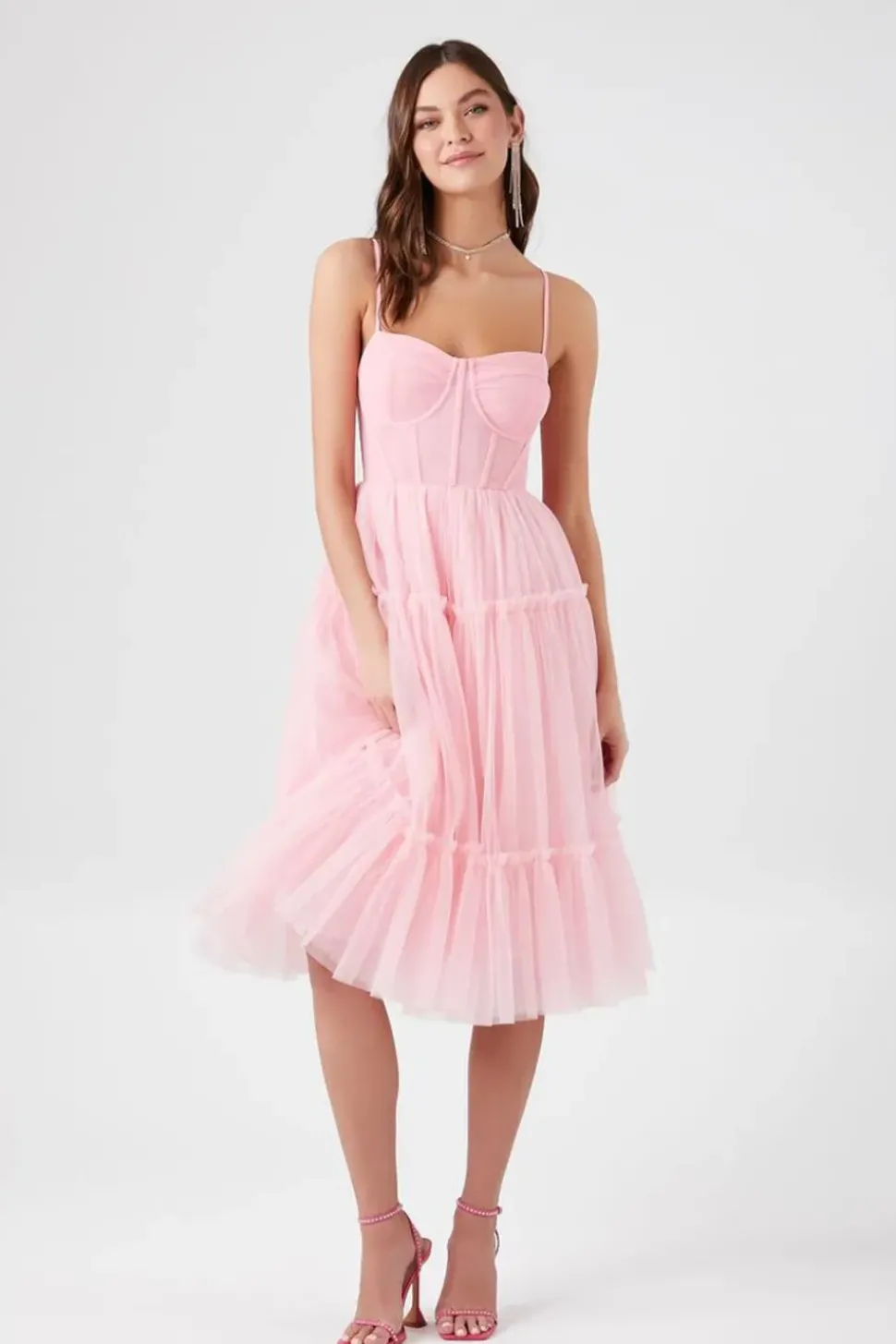 Tulle Ruffled Bustier Midi Dress