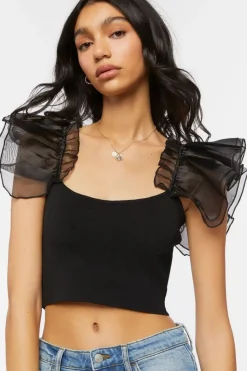 Tulle-Sleeve Crop Top