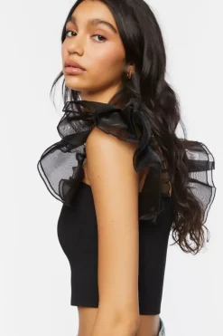 Tulle-Sleeve Crop Top