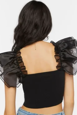 Tulle-Sleeve Crop Top