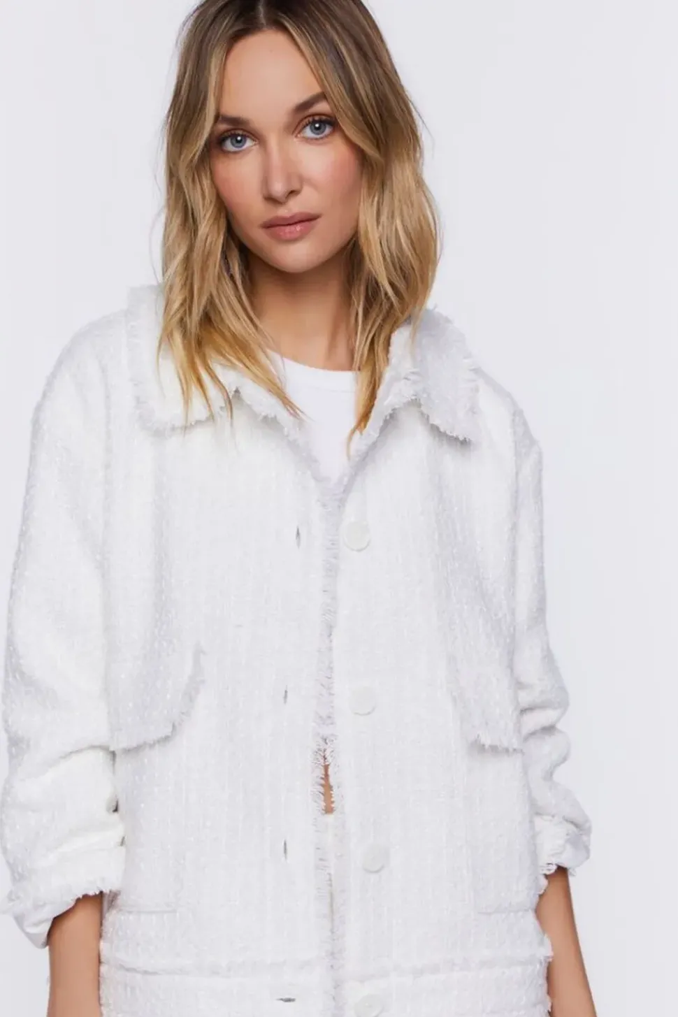 Tweed Frayed-Trim Shacket
